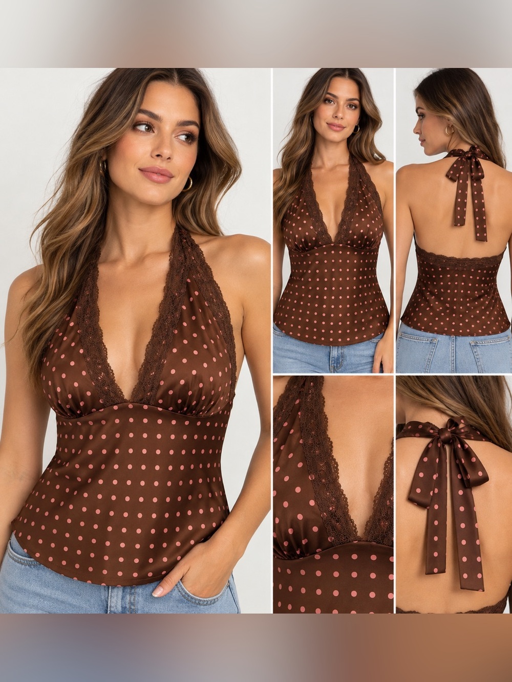 Sans Souci Brown & Pink Polka Dot Lace Halter Top NWT